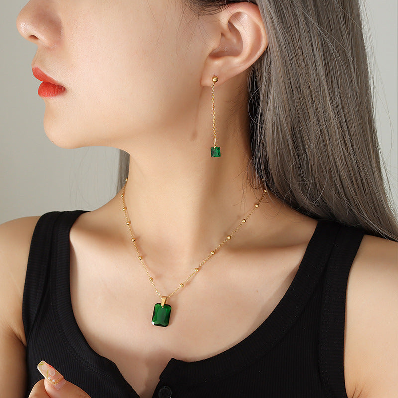 Emerald Pendant Necklace Earring Jewelry Set