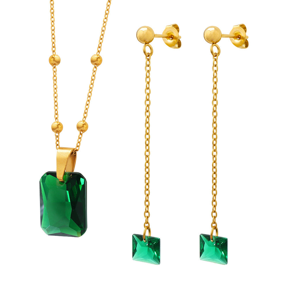 Emerald Pendant Necklace Earring Jewelry Set